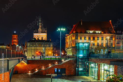 Beautiful illuminated cityscape of Old Town district in Gdansk, Poland