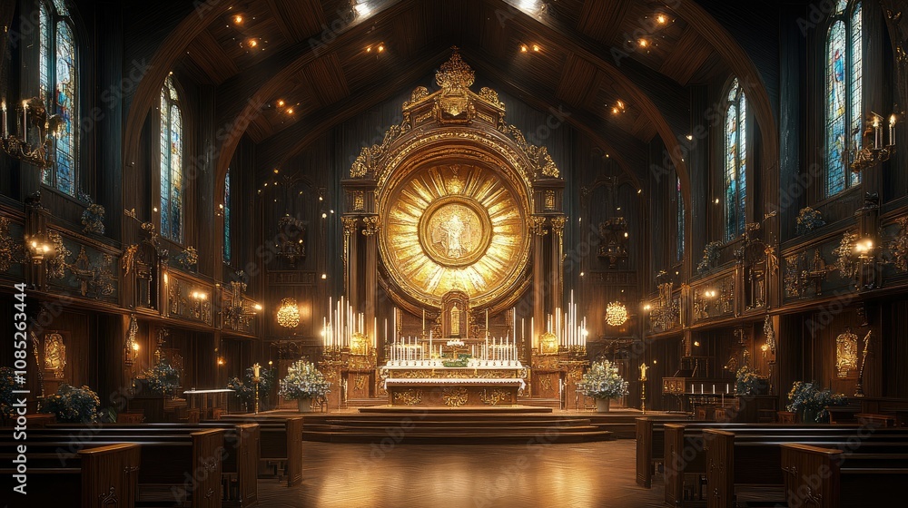 Fototapeta premium Ornate church interior with altar, stained glass, and golden details.