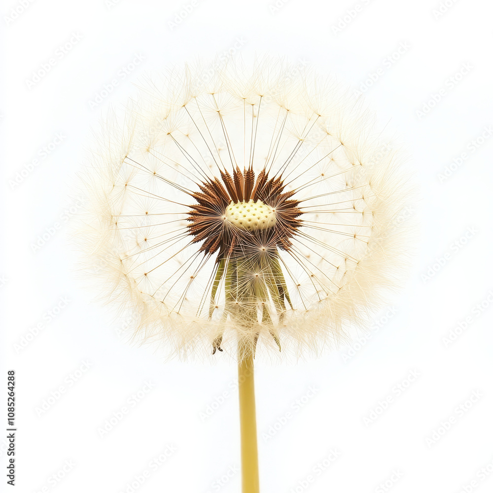 Fototapeta premium soft yellow dandelion puff, delicate and fluffy, stands out against light background, showcasing its intricate structure and natural beauty