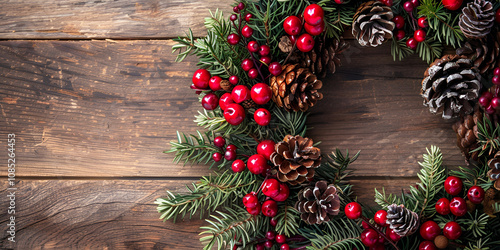 Christmas Wreath with Pine Cones and Red Berries,