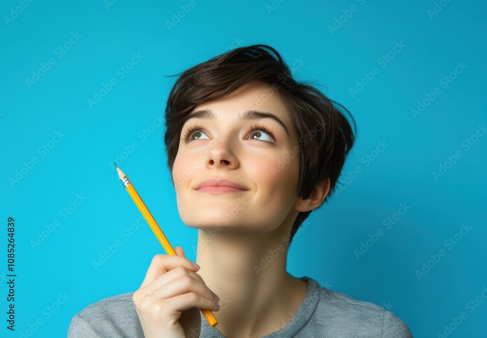 Portrait of a happy young woman holding a pencil and thinking over a blue background Portrait of a happy young woman holding a pencil and thinking over a blue background