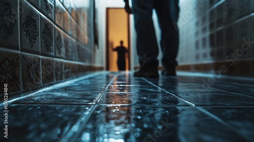 Placing bathroom tiles, detailed close-up of tiles and grout, worker in background, 