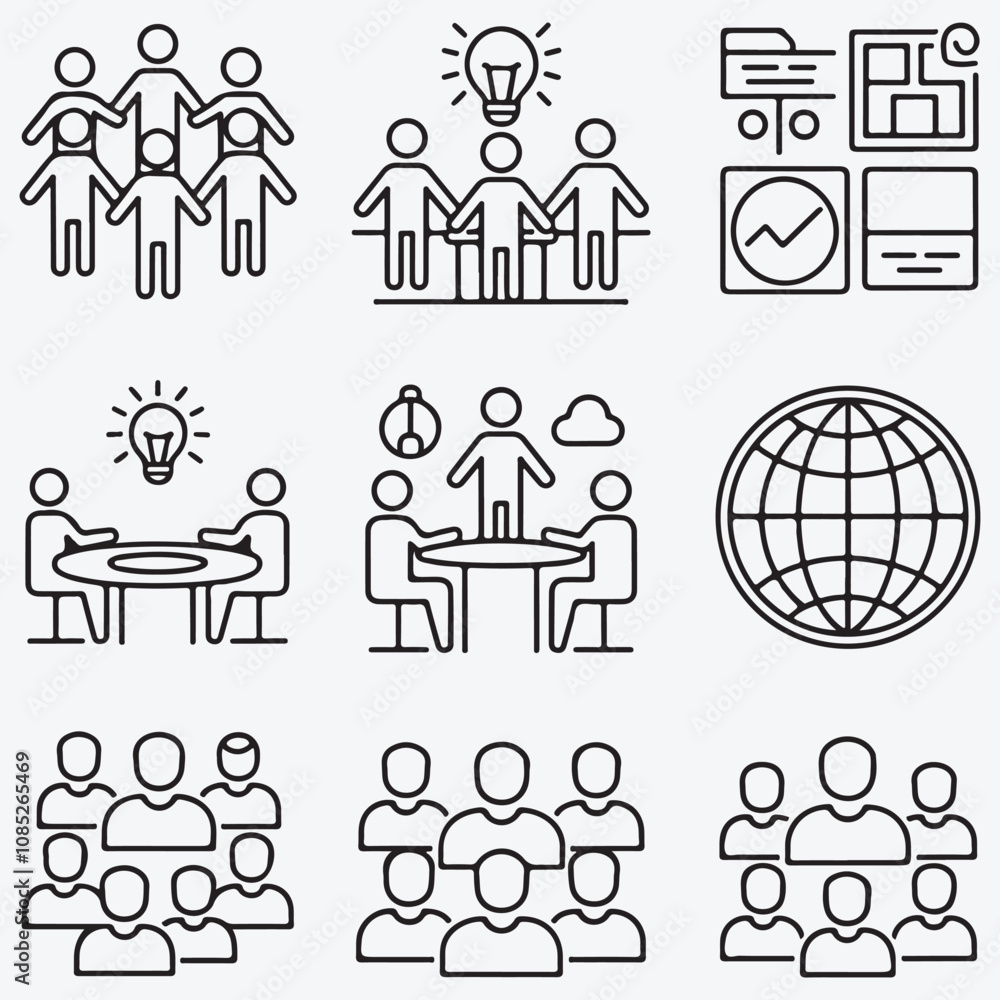 Minimalist Line Art Icons: Teamwork, Collaboration, and Diversity - Unity, Brainstorming, and Global Connection Minimalist Line Art Icons: Teamwork, Collaboration, and Diversity - Unity, Brainstorming, and Global Connection