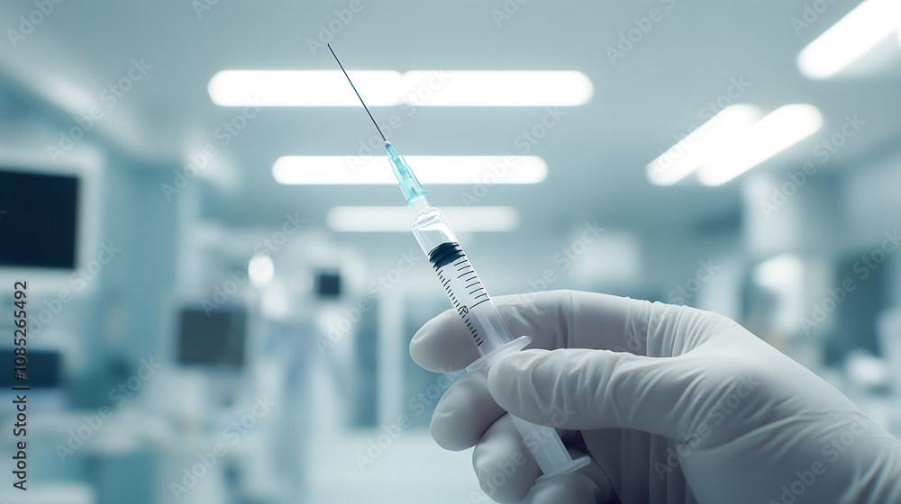 Nurse Holding Syringe in Gloved Hands in Clean Medical Room Nurse Holding Syringe in Gloved Hands in Clean Medical Room