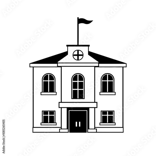 Town Hall Building Icon, Simple Black and White Vector Illustration