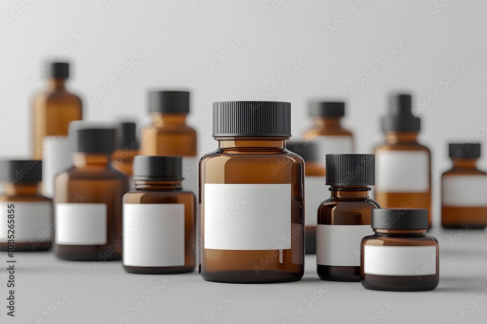 Amber Glass Bottles With Blank Labels Displayed Amber Glass Bottles With Blank Labels Displayed