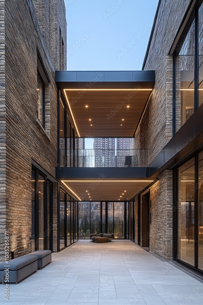 The walkway features sleek lines and natural stone, illuminated by soft lighting at dusk The walkway features sleek lines and natural stone, illuminated by soft lighting at dusk