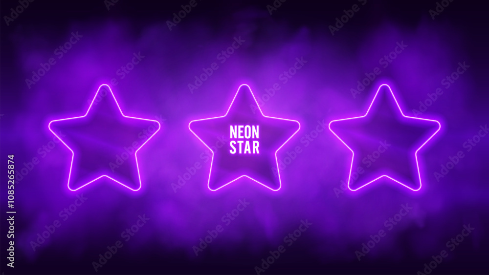 Neon stars frame on a purple smoky background. Banner with shining effects . Vector illustration Neon stars frame on a purple smoky background. Banner with shining effects . Vector illustration