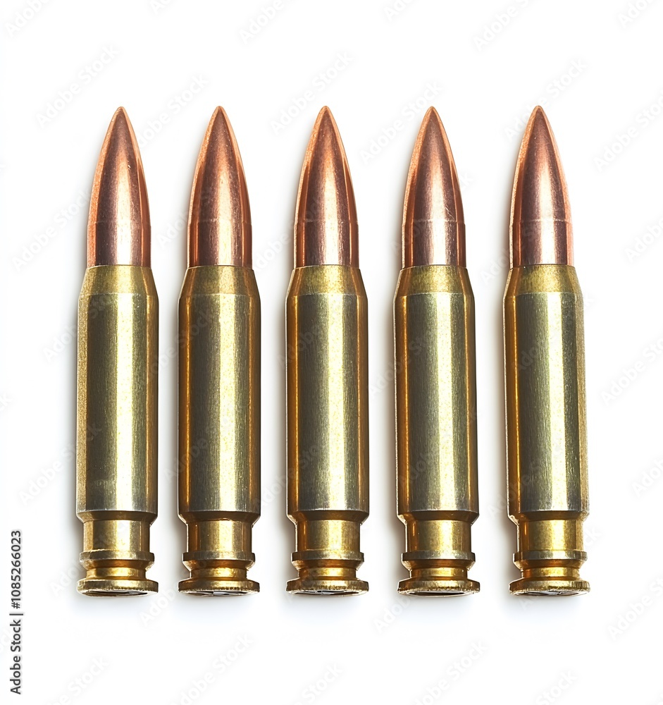 Five Brass Ammunition Rounds Arranged In A Row Five Brass Ammunition Rounds Arranged In A Row