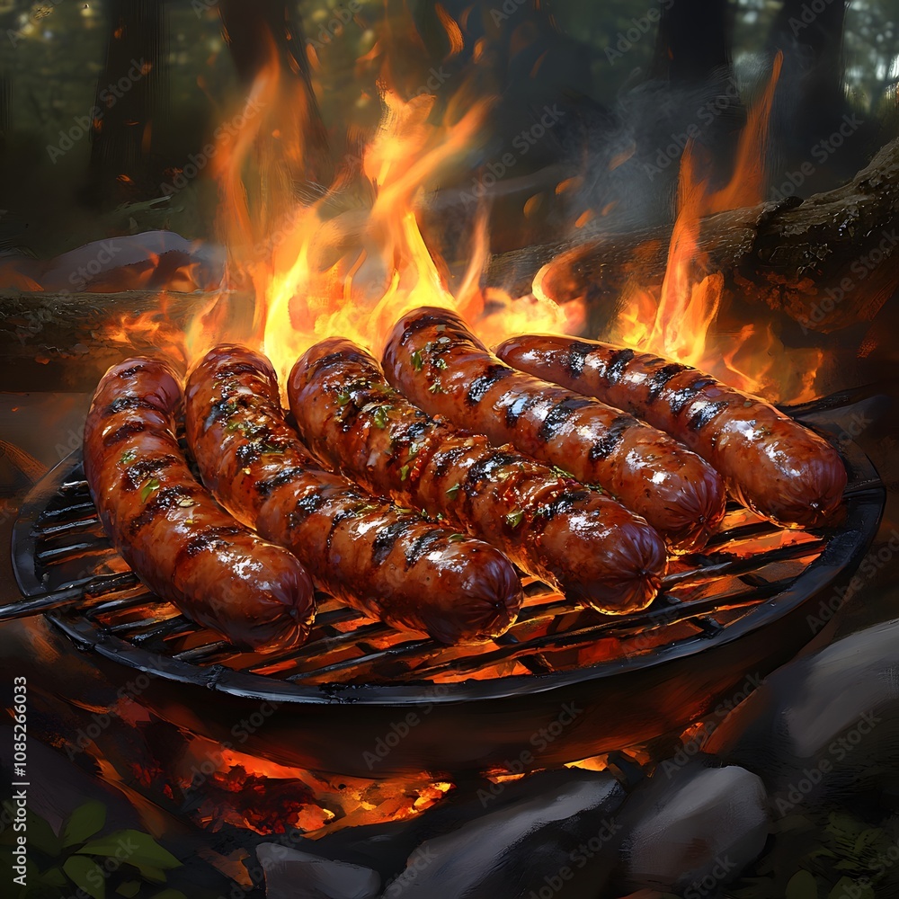Close-up of sausages cooking on a grill