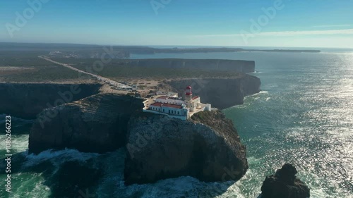 Aerial video of the Cabo de Sao Vicente fort and lighthouse. Algarve, Portugal