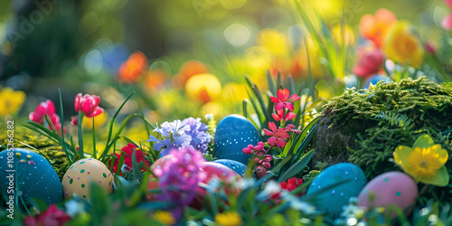 Easter Eggs in Blooming Spring Garden,