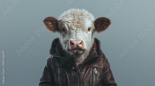 cow wearing leather jacket poses confidently against neutral background, showcasing unique blend of animal and fashion. This whimsical image captures attention and sparks joy