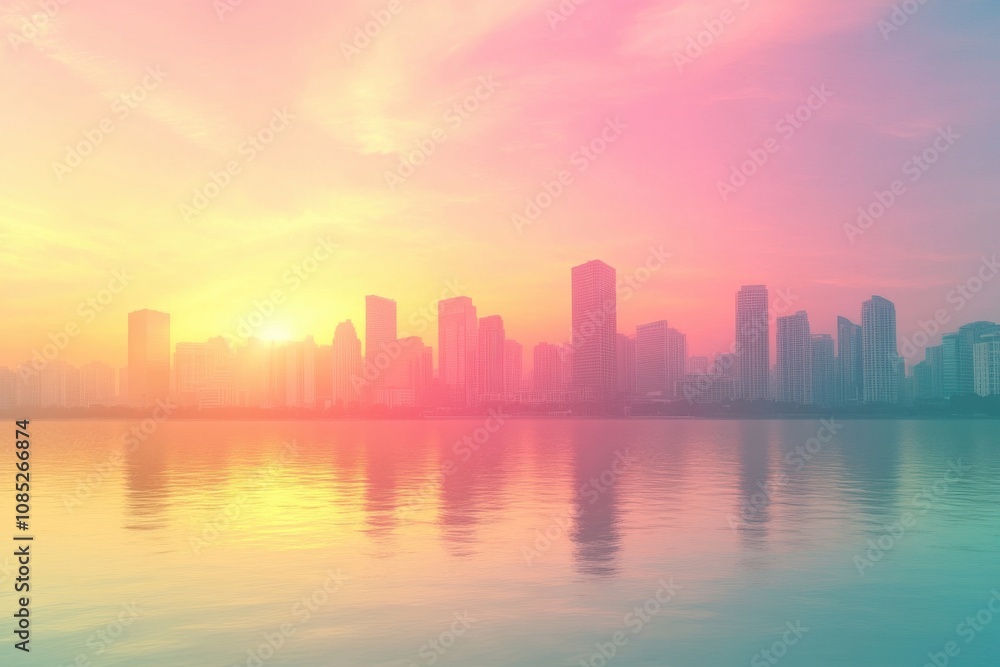 Obraz premium Minimalist urban skyline at sunset with colorful sky reflection on water