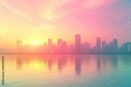 Minimalist urban skyline at sunset with colorful sky reflection on water