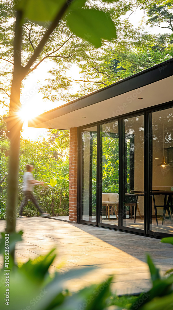Naklejka premium Moderne Terrasse mit Blick auf Essbereich durch offene Glasschiebetüren