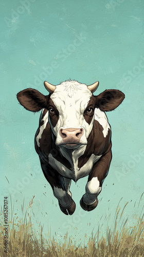 dynamic illustration of cow with striking expression, showcasing its unique features and lively demeanor against vibrant background. This artwork captures essence of farm life photo