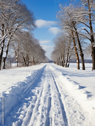 Winter landscape of pine forests alongside a snow-covered path under a clear blue sky