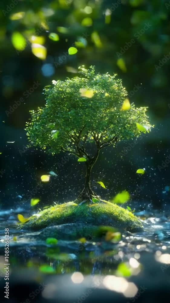 Serene and Magical Landscape Vibrant Tree on Island Surrounded by Water, Leaves Falling Amidst Natures Greenery and Environment. Serene and Magical Landscape Vibrant Tree on Island Surrounded by Water, Leaves Falling Amidst Natures Greenery and Environment.