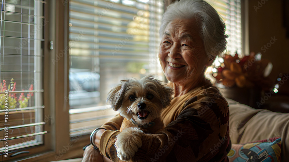 Elderly woman enjoying time with her dog by the window. Seniors Pet Care 