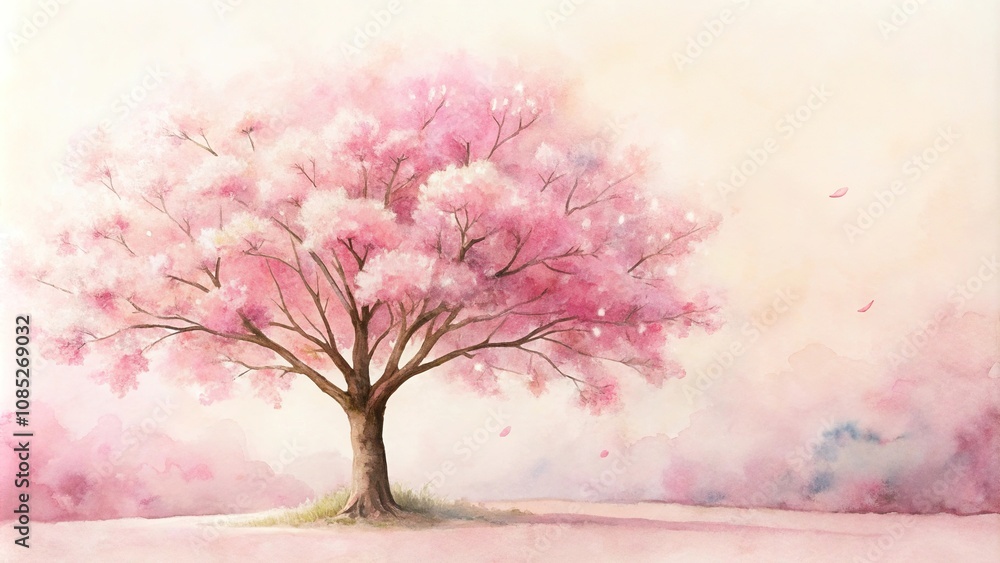 Soft pink watercolor painting of a blooming cherry blossom tree, delicate, soft pink, colorful, petals, whimsical Soft pink watercolor painting of a blooming cherry blossom tree, delicate, soft pink, colorful, petals, whimsical