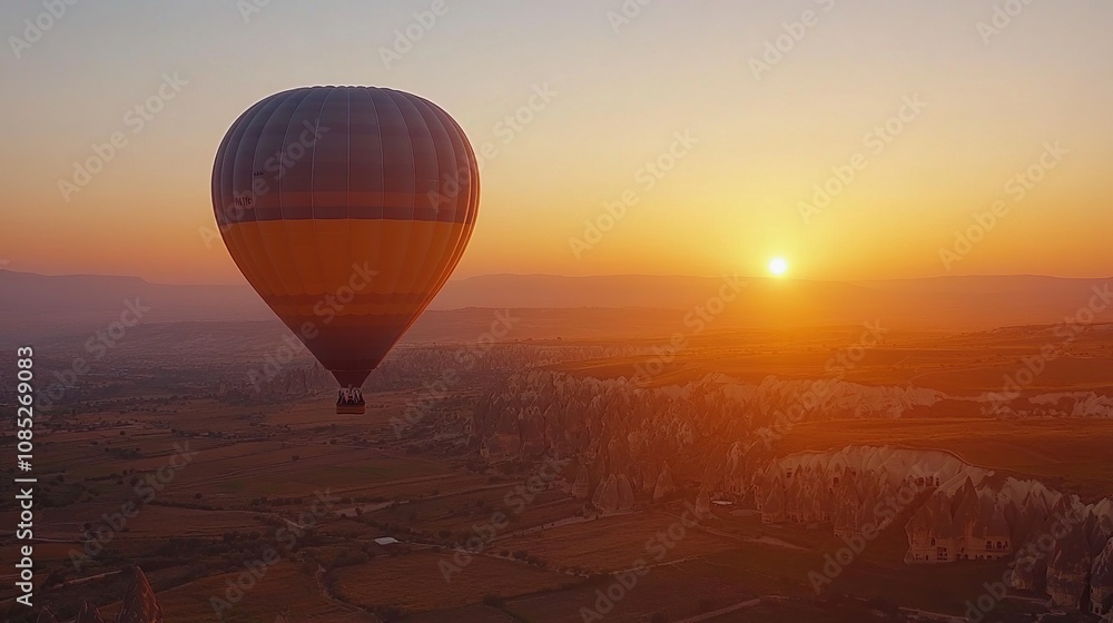 Obraz premium A hot air balloon floats over a scenic landscape at sunset, creating a tranquil atmosphere.