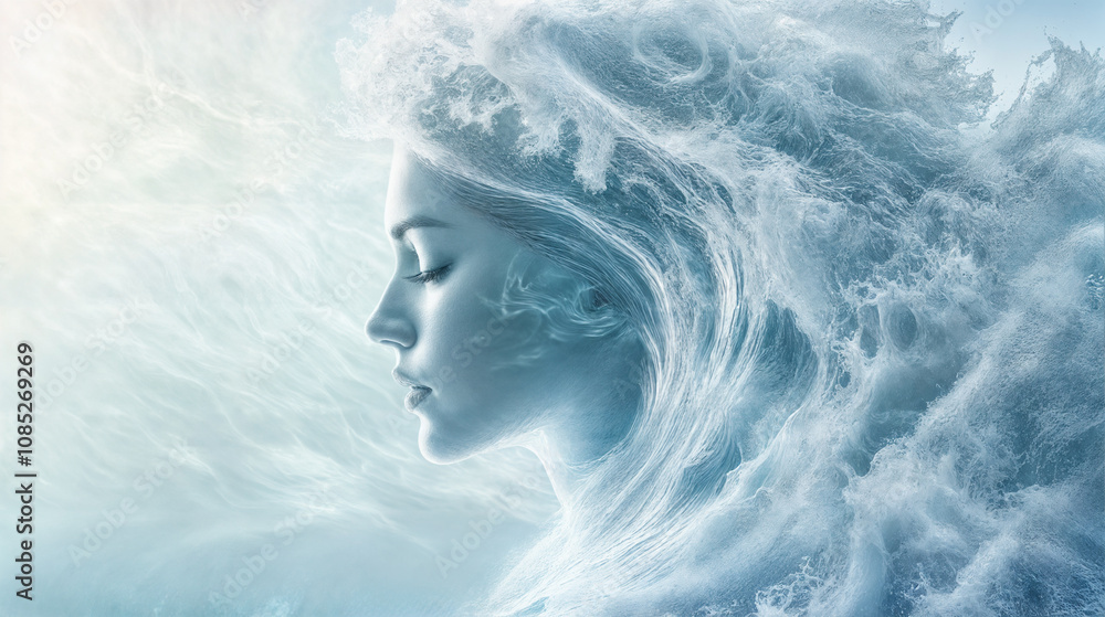 Woman's face emerging from a wave of water, with a soft, ethereal glow. Woman's face emerging from a wave of water, with a soft, ethereal glow.