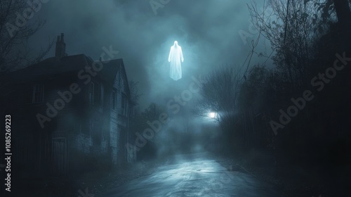 Ghostly Figure Over a Foggy Night Road