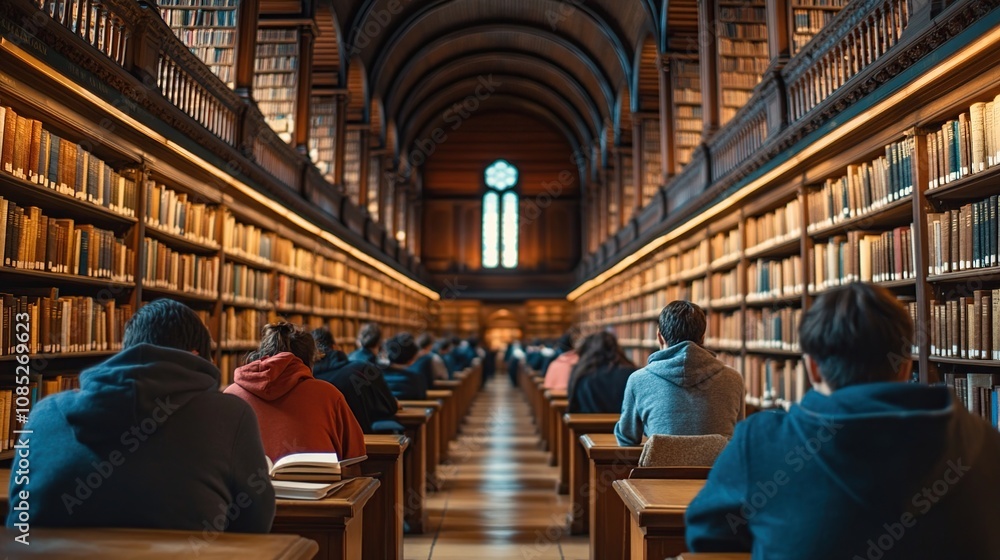 A serene library scene with students studying quietly among tall bookshelves. A serene library scene with students studying quietly among tall bookshelves.