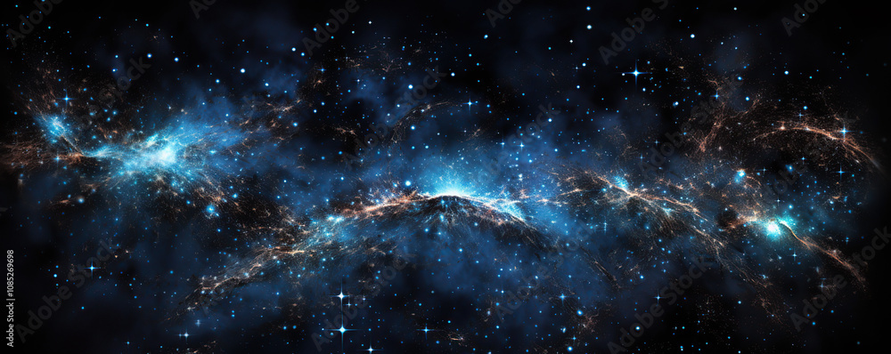 Naklejka premium Night sky filled with vibrant galactic formations and brilliant stars over a dark cosmic landscape