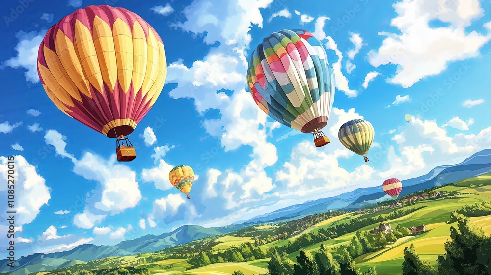 Fototapeta premium Whimsical Hot Air Balloons Over Rolling Hills
