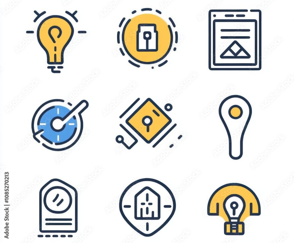 Collection of Creative Icons Representing Ideas, Security, Documents, Navigation, and Design Elements in a Modern Flat Style Designed for Digital Use Collection of Creative Icons Representing Ideas, Security, Documents, Navigation, and Design Elements in a Modern Flat Style Designed for Digital Use