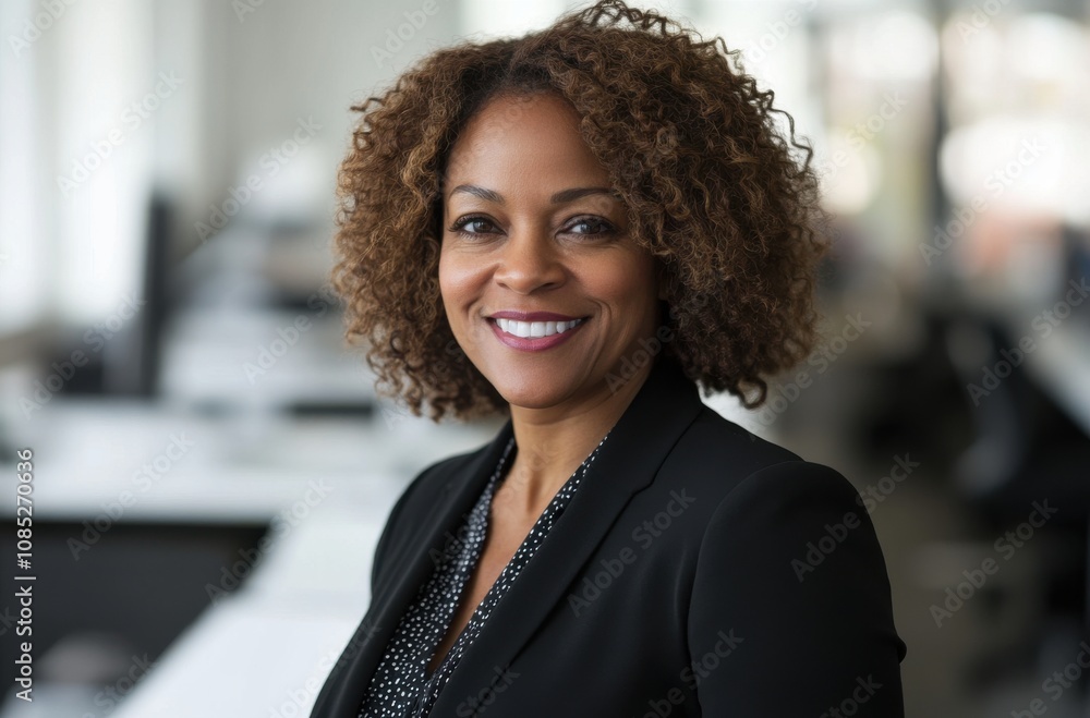 Portrait of a smiling businesswoman sitting at a desk in an office, wearing a suit and blazer with curly hair Portrait of a smiling businesswoman sitting at a desk in an office, wearing a suit and blazer with curly hair