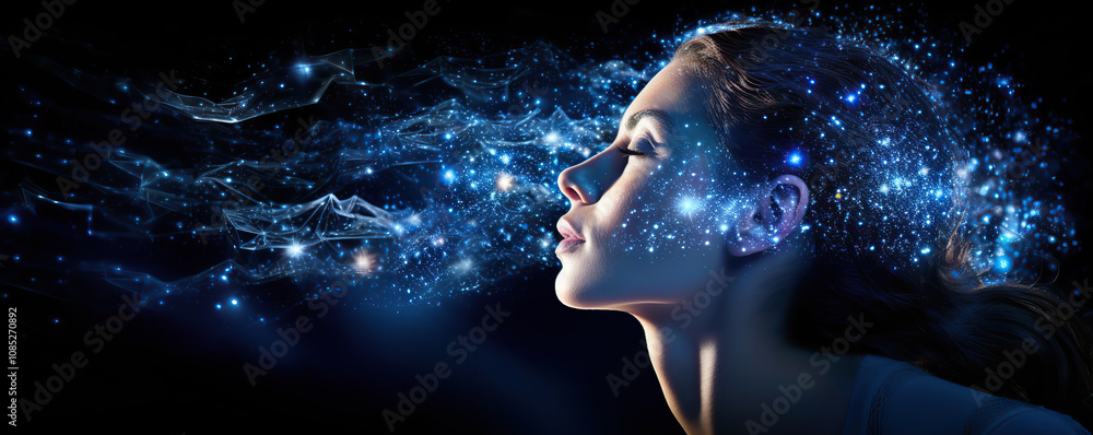 Fototapeta premium Woman with cosmic imagery emanating from her head against a dark background, conveying a sense of wonder and imagination