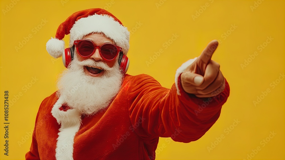 Cool Santa Claus: A Festive Poster with a Modern Twist - Perfect for Sports Interiors! Enjoy the Fun Vibe with Red Sunglasses, Headphones, and a Playful Pose Against a Cheerful Yellow Background! Cool Santa Claus: A Festive Poster with a Modern Twist - Perfect for Sports Interiors! Enjoy the Fun Vibe with Red Sunglasses, Headphones, and a Playful Pose Against a Cheerful Yellow Background!