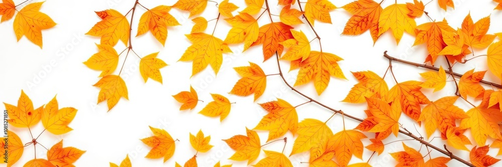 Vibrant yellow and orange autumn leaves against a clean white background, peaceful, texture, minimalistic Vibrant yellow and orange autumn leaves against a clean white background, peaceful, texture, minimalistic