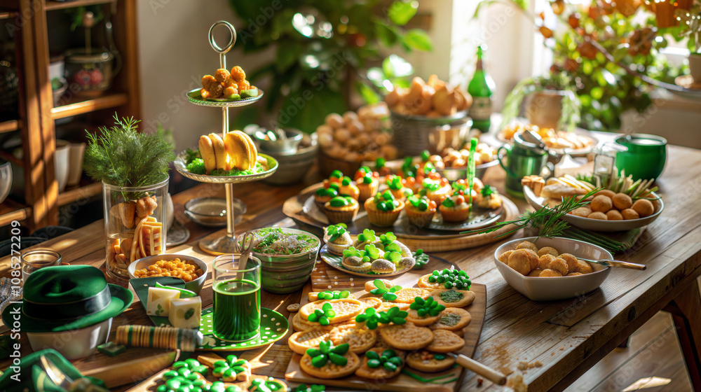 Festive st. patrick's day table with greenthemed treats and decorations Festive st. patrick's day table with greenthemed treats and decorations