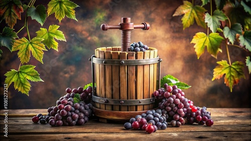 Vintage wooden wine press with grapes and leaves surrounding it, leaf, wine press, wood, winemaking, machinery photo