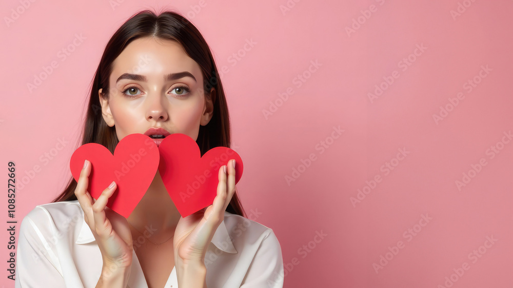 Young woman holding two red paper hearts against a pink background. A romantic and minimalistic composition perfect for Valentine's Day, love-themed projects, and celebrations Young woman holding two red paper hearts against a pink background. A romantic and minimalistic composition perfect for Valentine's Day, love-themed projects, and celebrations