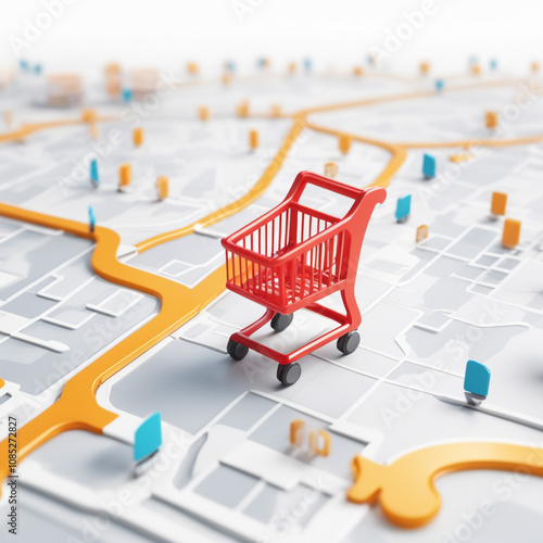 Map 3d and supermarket trolley with shopping background icon location 3d map shopping