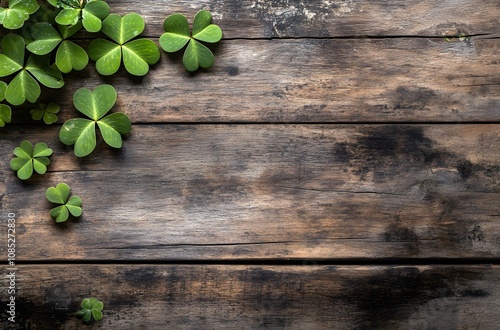 Green shamrocks on rustic weathered wooden background