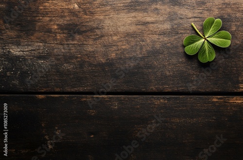 Green Clover Leaf on Dark Wooden Background photo