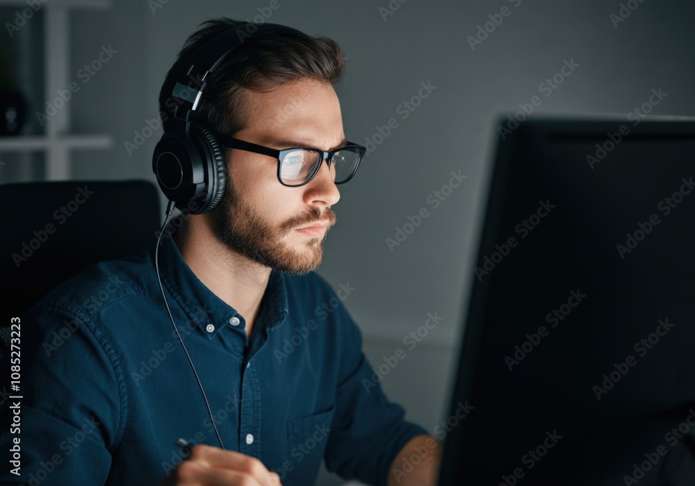 Focused Man Working Late on Computer Focused Man Working Late on Computer