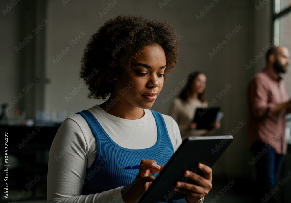 Focused Woman Working on Tablet in Office Focused Woman Working on Tablet in Office