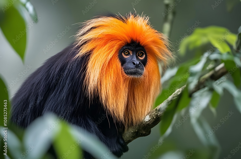 Golden Lion Tamarin Perched On A Branch In Lush Greenery Golden Lion Tamarin Perched On A Branch In Lush Greenery