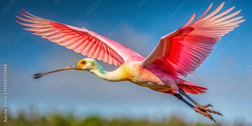 Fototapeta premium Aerial Roseate Spoonbill Flight, Stunning Wildlife Photography, Bird in Motion