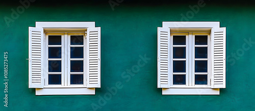 Two White Windows With Shutters On a Green Wall