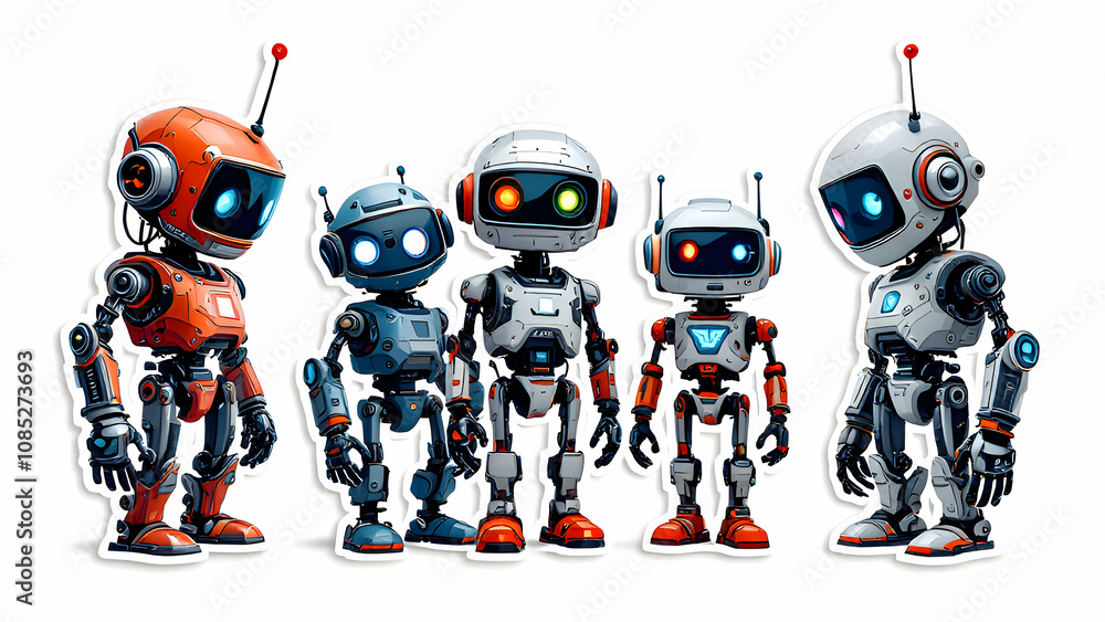 illustration of old robot stickers isolated on white illustration of old robot stickers isolated on white