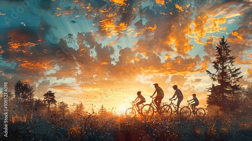 Family biking together on a sunny day