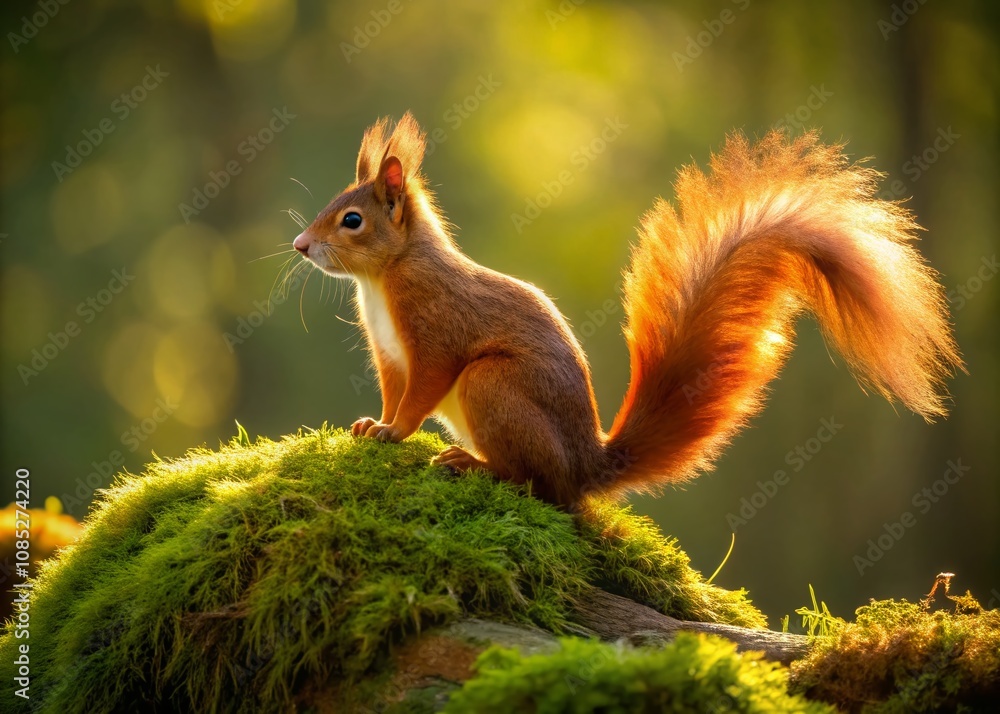 A red squirrel's profile, etched against a mossy log. A red squirrel's profile, etched against a mossy log.